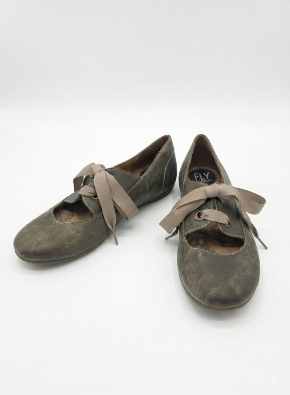 Fly London Olive Taupe Ribbon Lace Flats Size 38